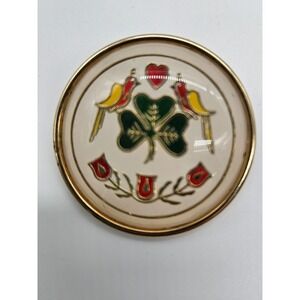 VTG Irish Shamrock Clover Bird Heart Gold Tone Round Brooch‎ PA Dutch Irish Hex